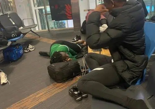 Nigerian Falconets Sleep on Cold Airport Floor after being left stranded [photos]