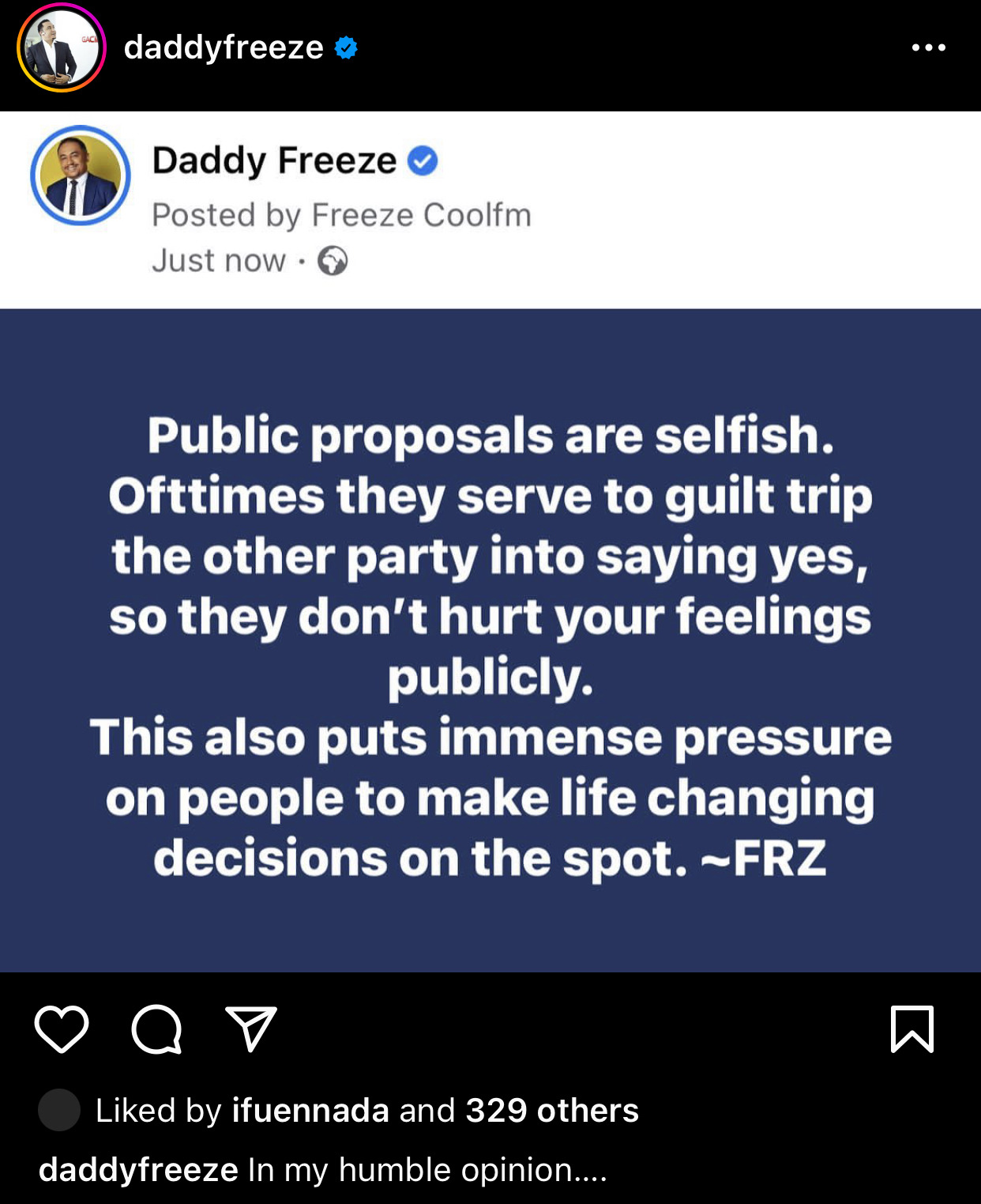 Daddyfreeze Calls out People who propose publicly
