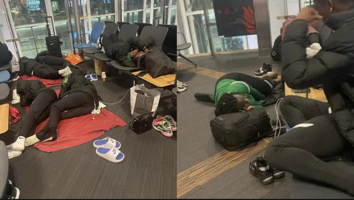 Nigerian Falconets Sleep on Cold Airport Floor after being left stranded [photos]