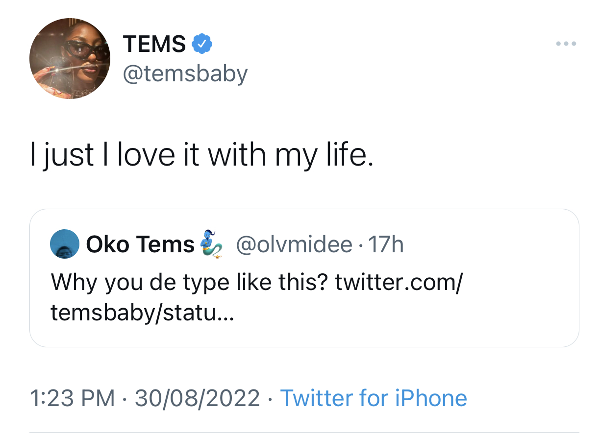 Singer Tems reacts after being accused of having sex recently