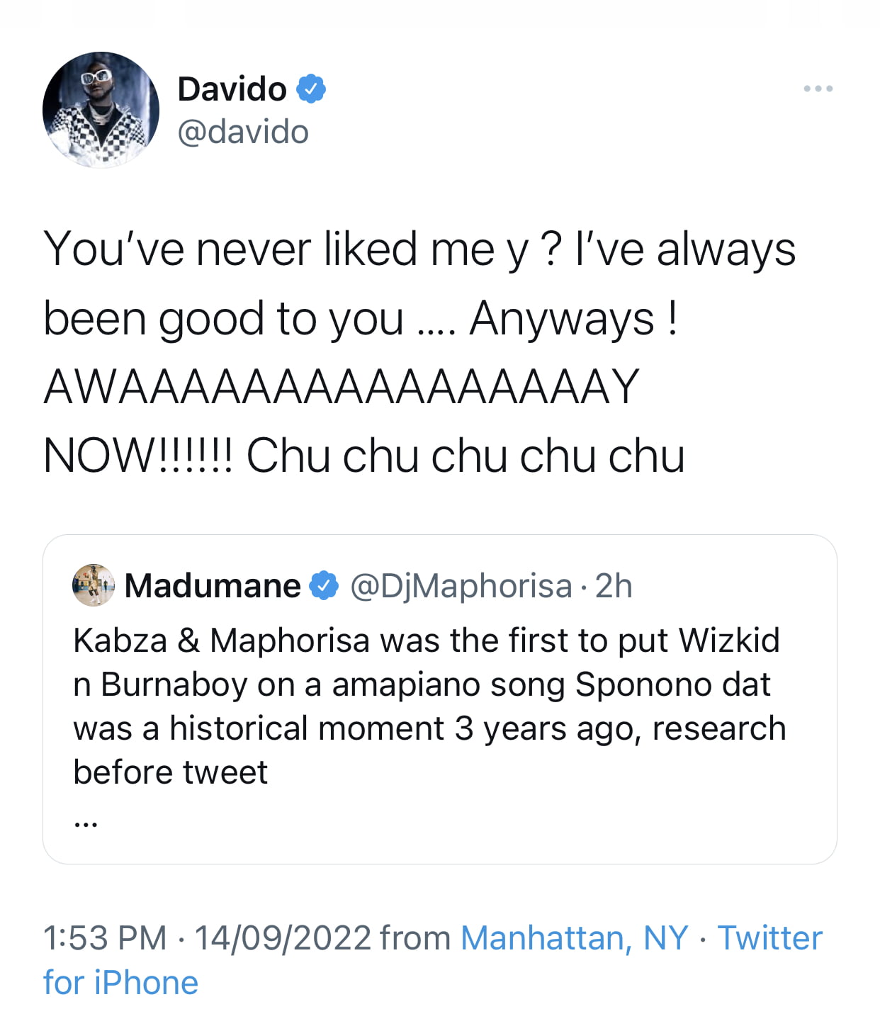 Why have you never liked me - Davido confronts DJ Maphorisa after he praised Wizkid over him