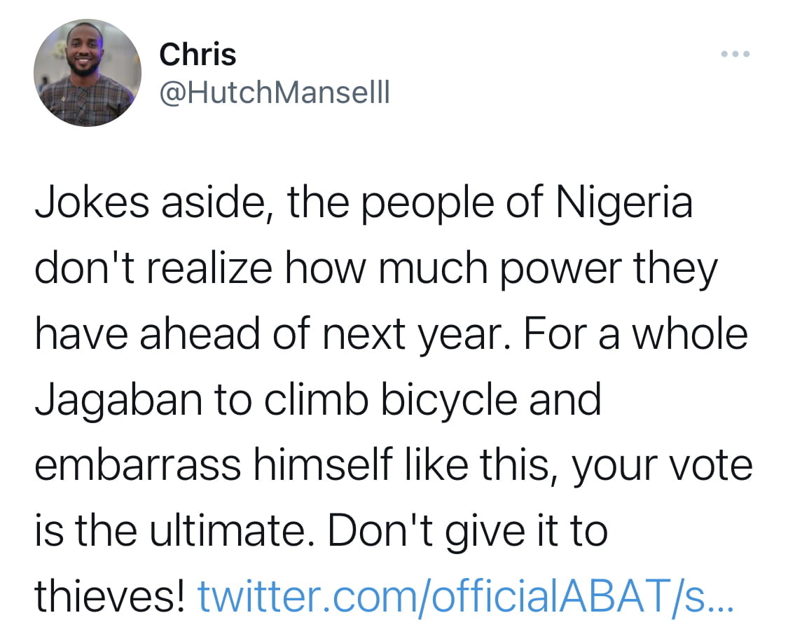 Lift bag of rice and we’d vote for you - Nigerians React to video of Tinubu riding bicycle