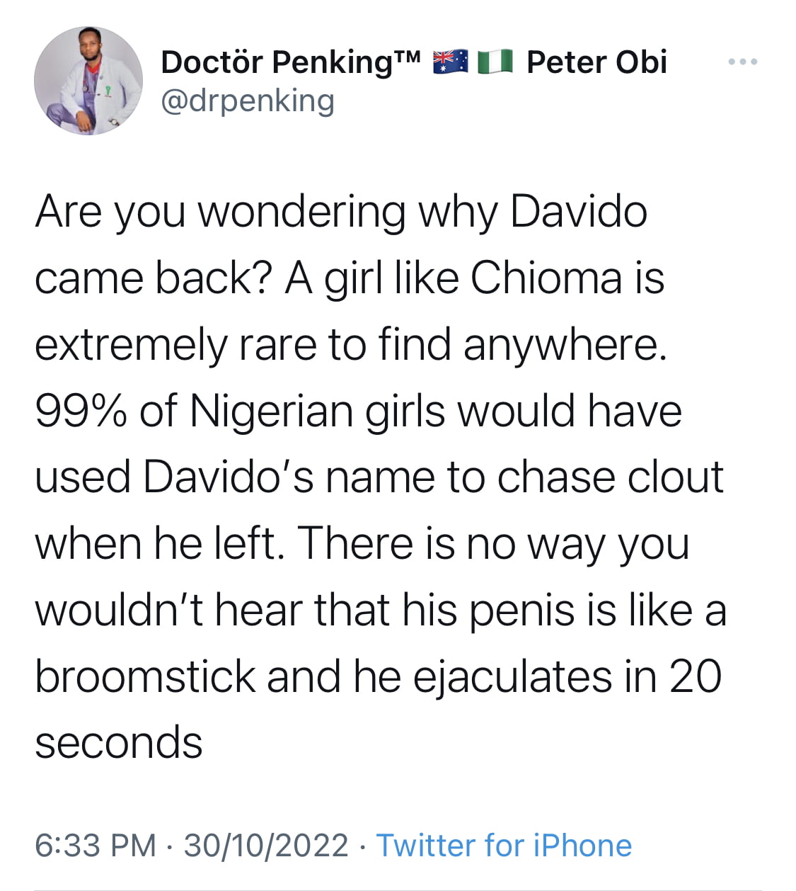 Davido went back to Chioma because she didn’t post nonsense about him online after they broke up - Doctor says