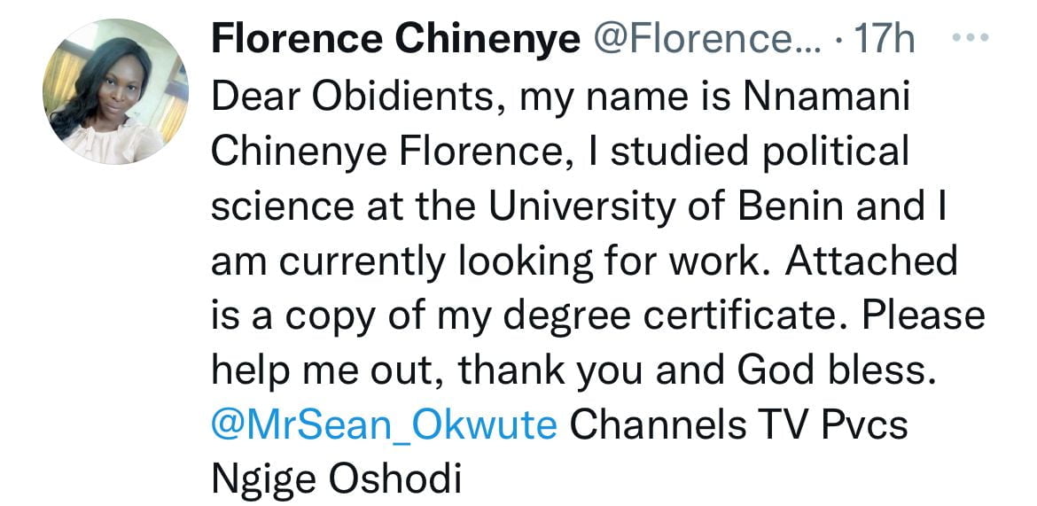1st Class UNIBEN Female Graduate pleads with Peter Obi supporters for help after 4 years without finding job [photos]
