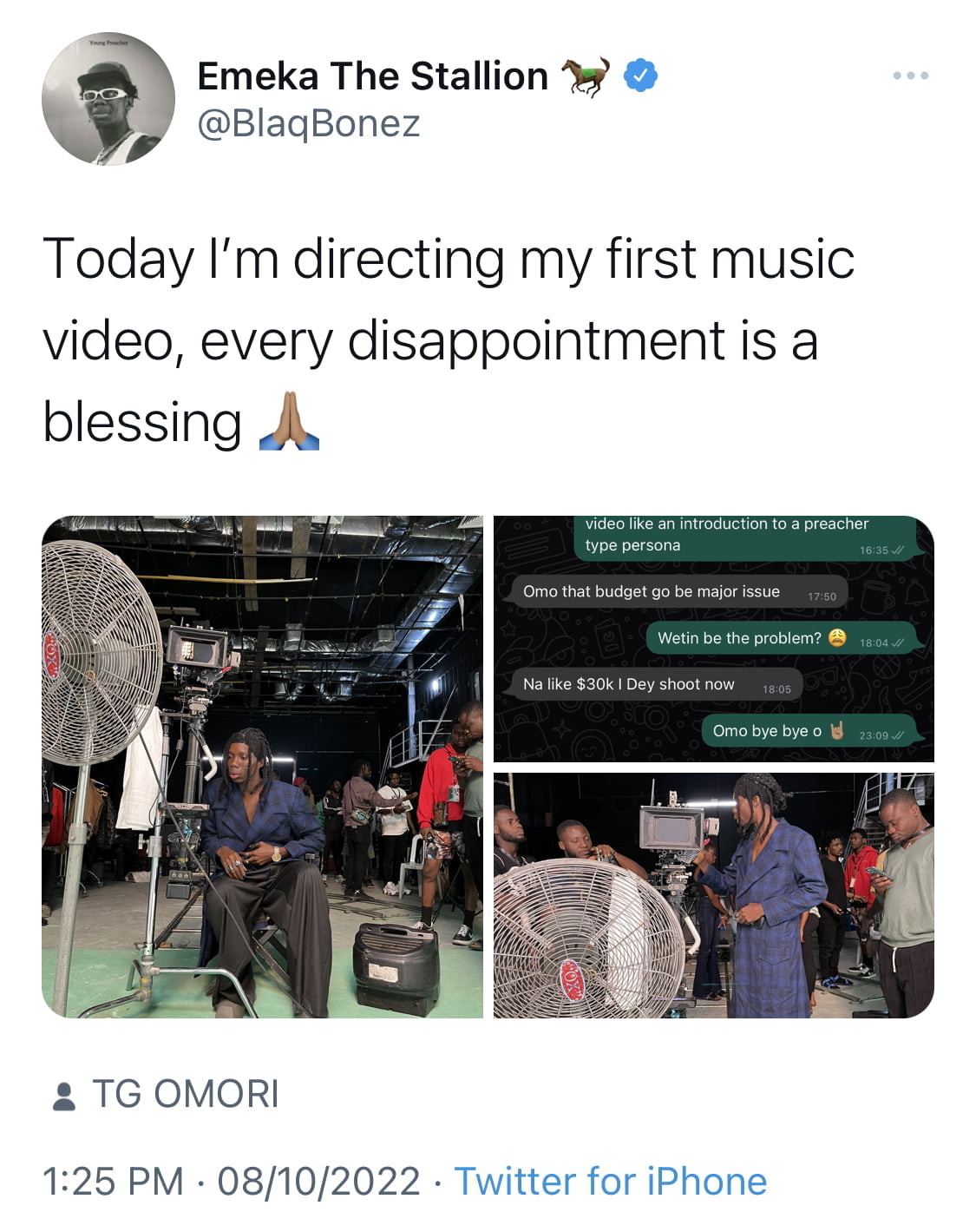 Rapper Blaqbonez makes immediate u-turn on hiring Director TG Omori for music video after N21m billing [photos]