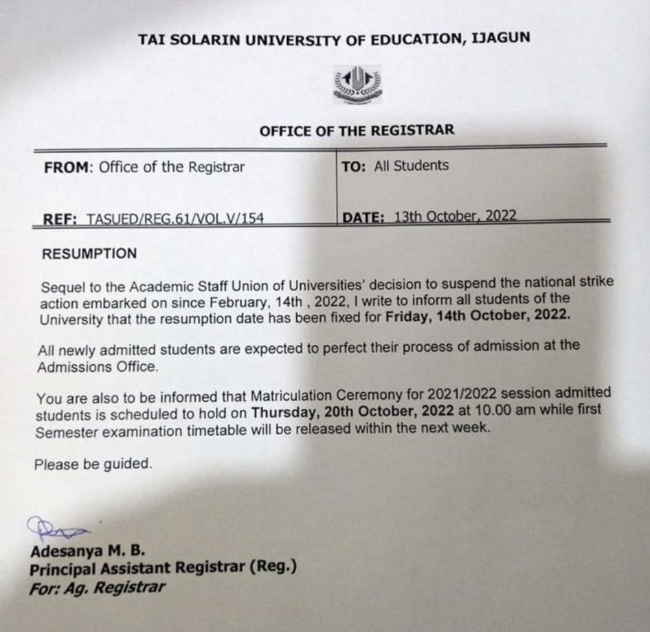 Less than a day after suspension of ASUU Strike, FUNAAB department announce Exams to begin Wednesday [photos]