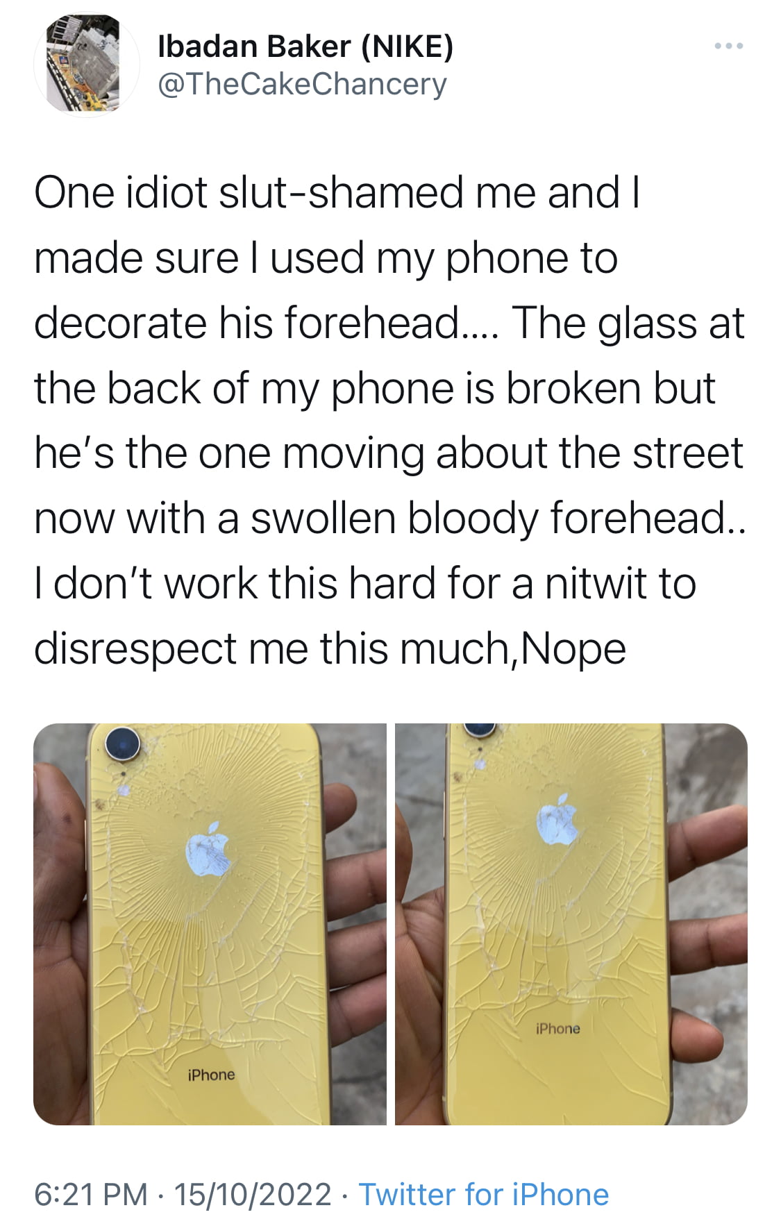 Lady jubilates after shattering her $300 iphone on man’s head for slut shaming her [photos]