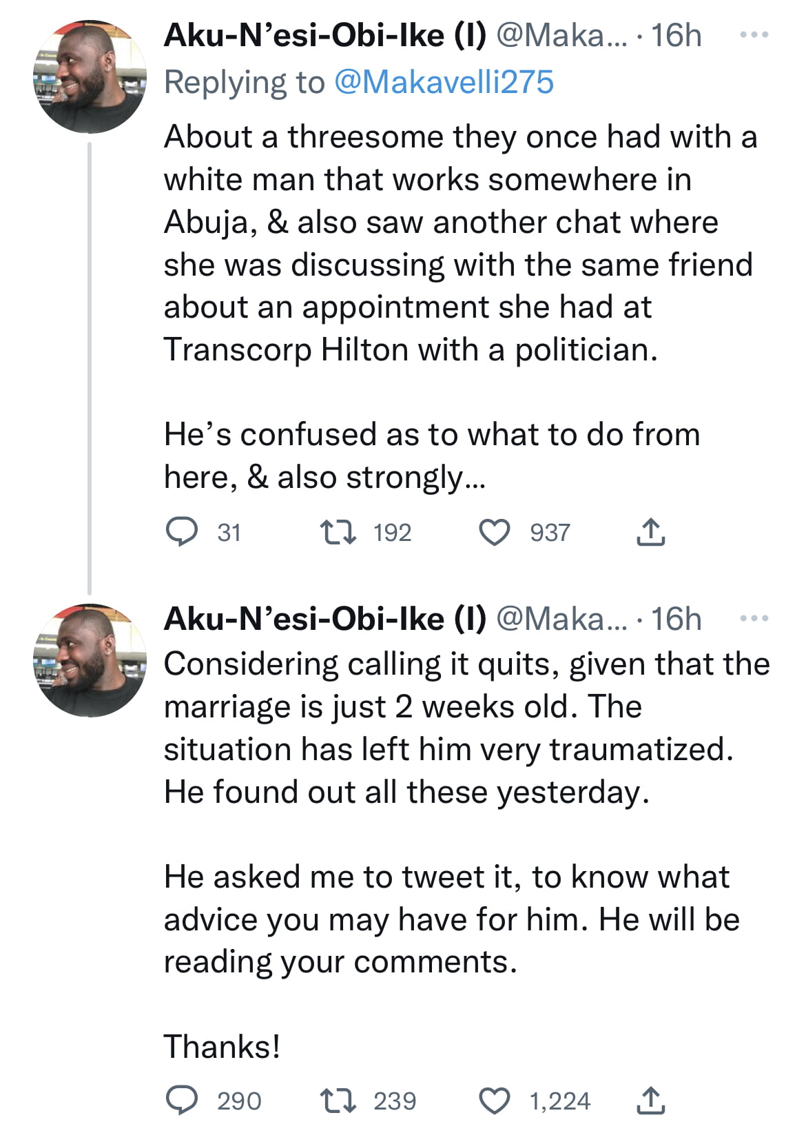 I need advice - Heartbroken man cries out after discovering his newly-wed wife was once a “runs girl” in Abuja [see reactions]