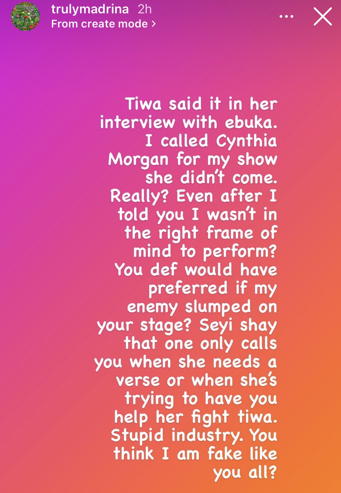 Stupid industry, I am not fake like you all - Musician Cynthia Morgan Carpets Tiwa Savage, Seyi Shay