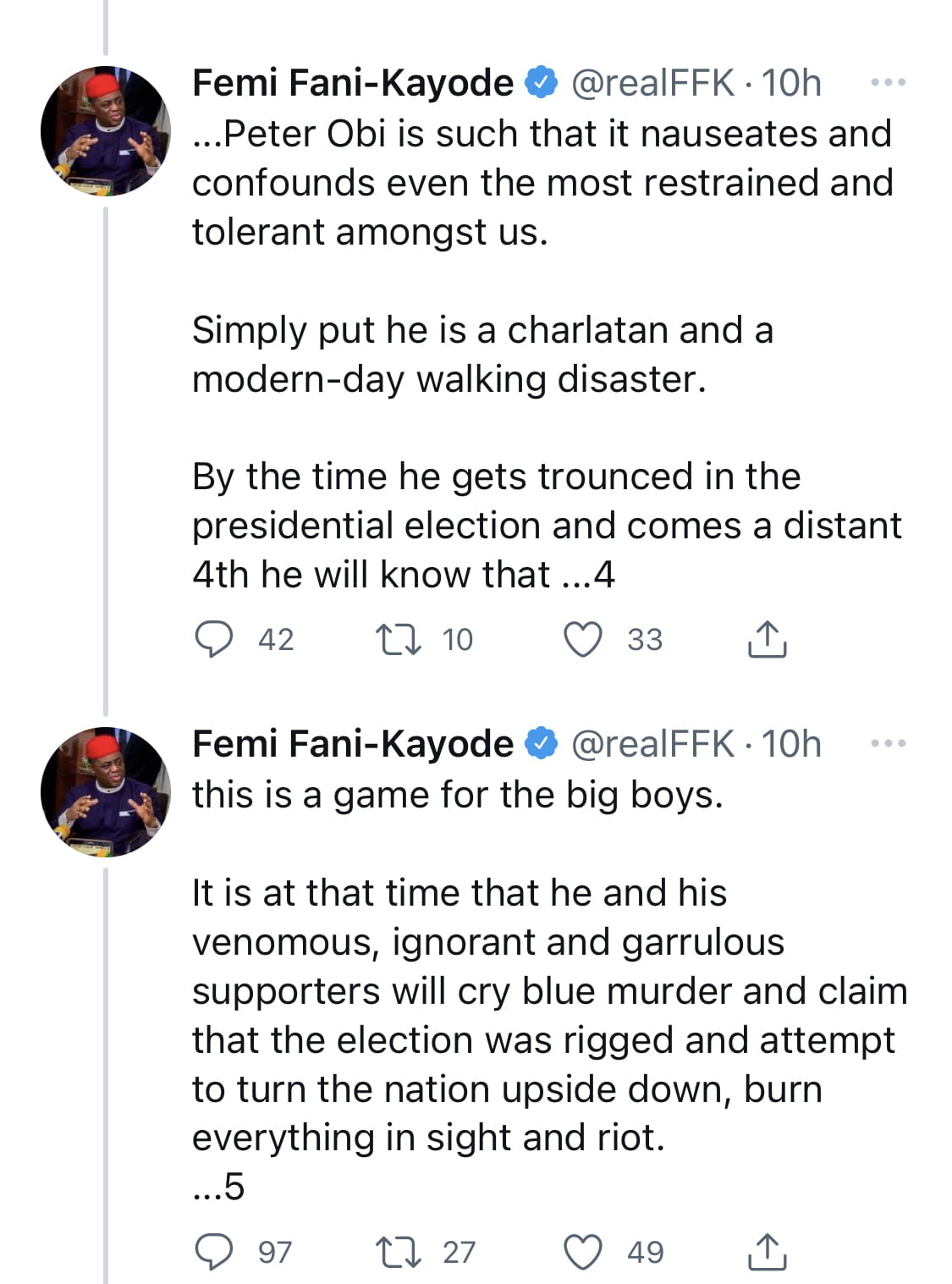 You are a mannerless dunce with low self esteem - FFK Carpets Peter Obi for ignoring him