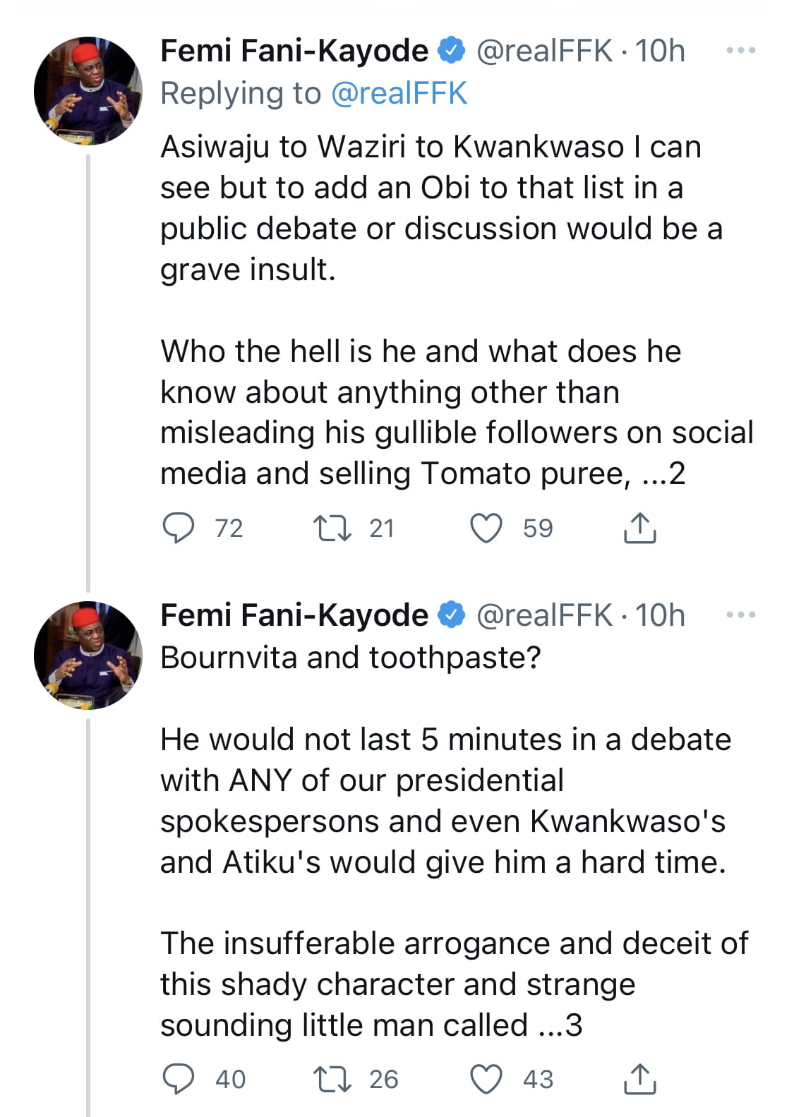 You are a mannerless dunce with low self esteem - FFK Carpets Peter Obi for ignoring him