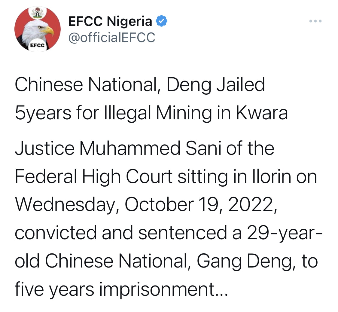 Chinese man jailed for 5 years over illegal mining in Kwara [photo]