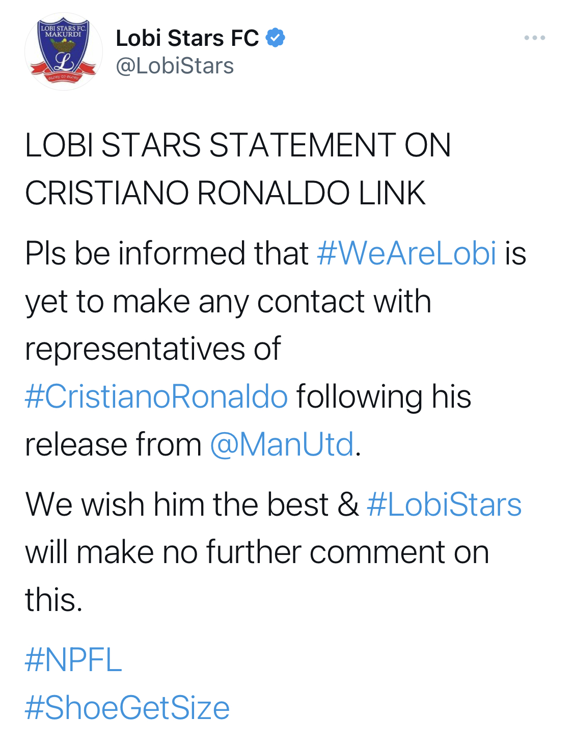 Nigerian club Lobi stars ‘clears air’ on signing C Ronaldo following his exit from United