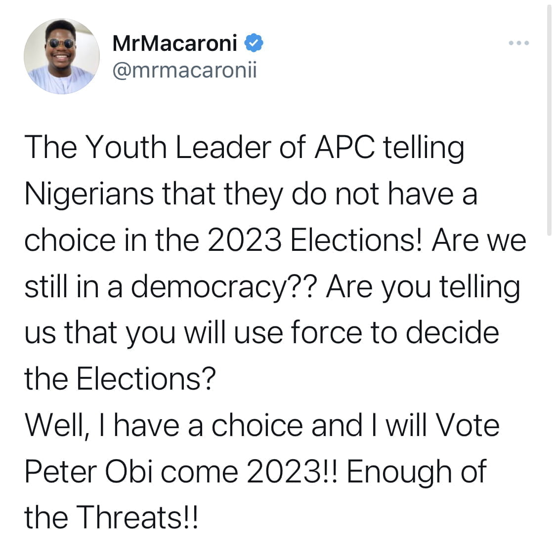 Tinubu will be your president whether you like it or not - APC Youth Leader threatens, Mr Macaroni reacts