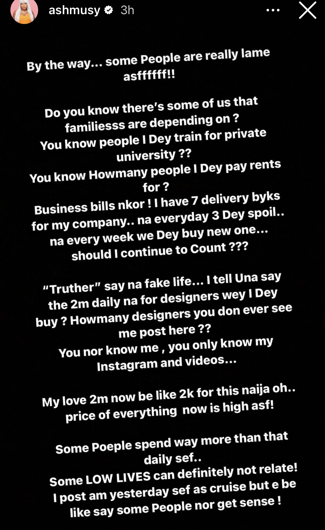 Do you know how many family members I train - Influencer Ashmusy blasts those criticizing her for saying she spends N2M daily