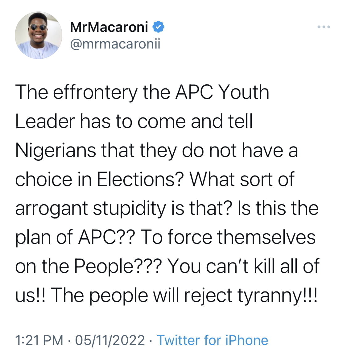 Tinubu will be your president whether you like it or not - APC Youth Leader threatens, Mr Macaroni reacts