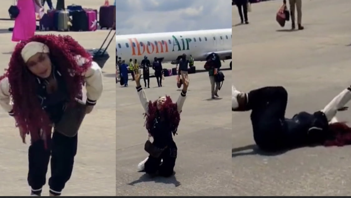 Nigerian lady bursts into tears, rolls on airport floor after boarding plane for first time [video]