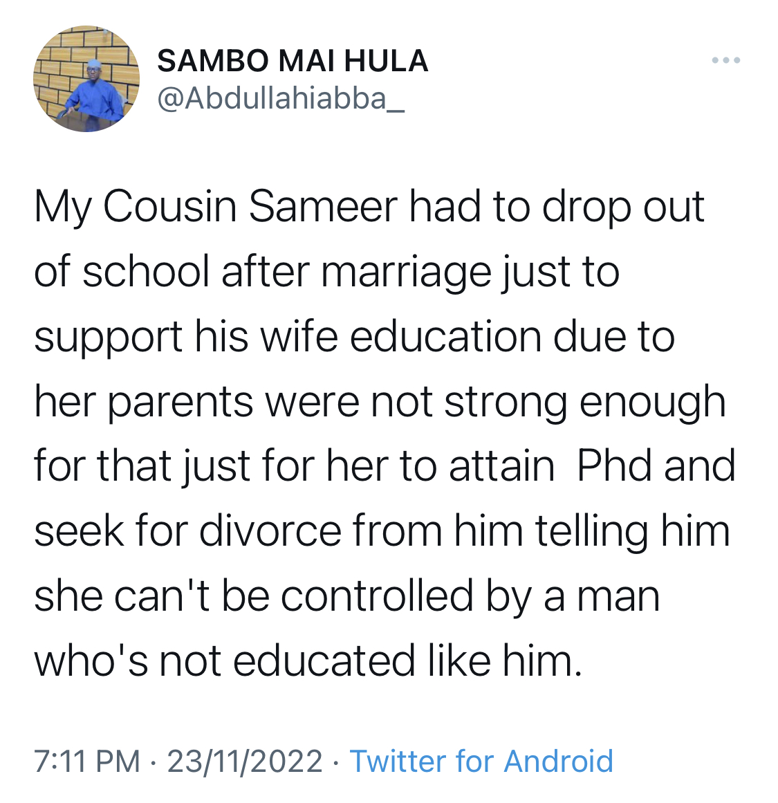 He’s not up to my level academically - Woman dumps Husband who dropped out to train her in school