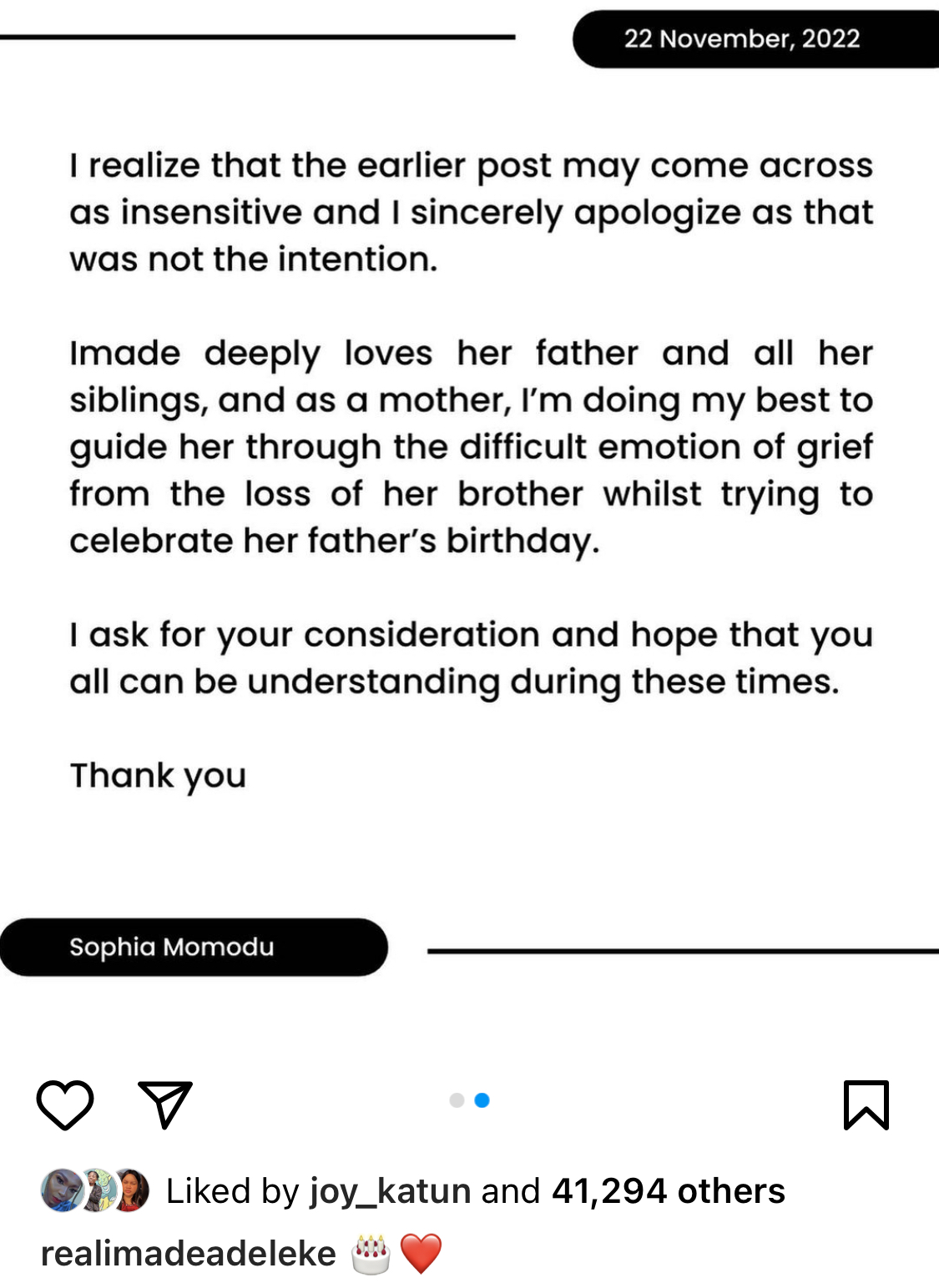 Davido’s babymama Sophia Momodu apologizes on behalf of Imade over ‘insensitive’ birthday post to father