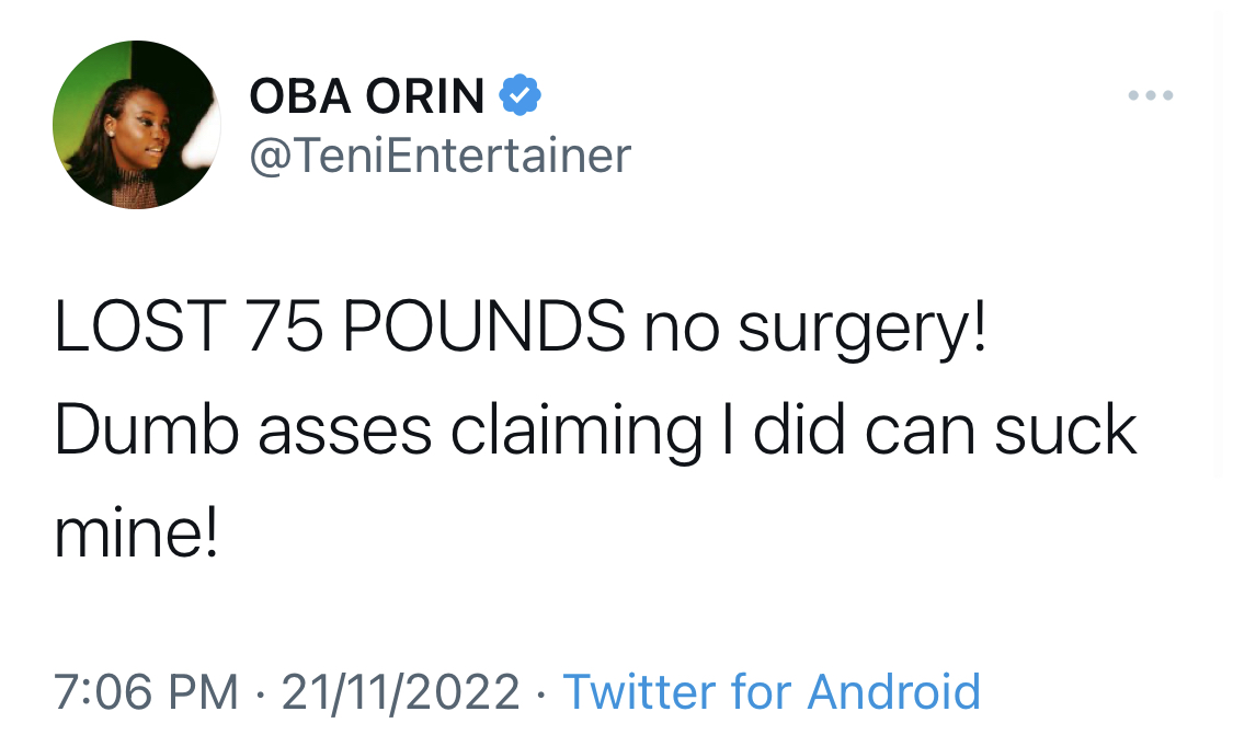 Singer Teni blasts those claiming she had weight loss surgery