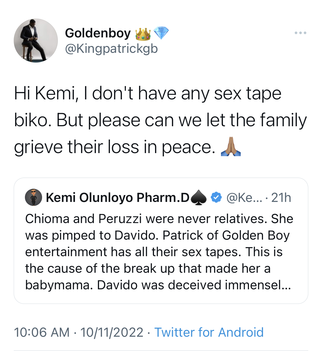 Golden Boy CEO Patrick finally breaks silence on possession of Peruzzi and Chioma sextape