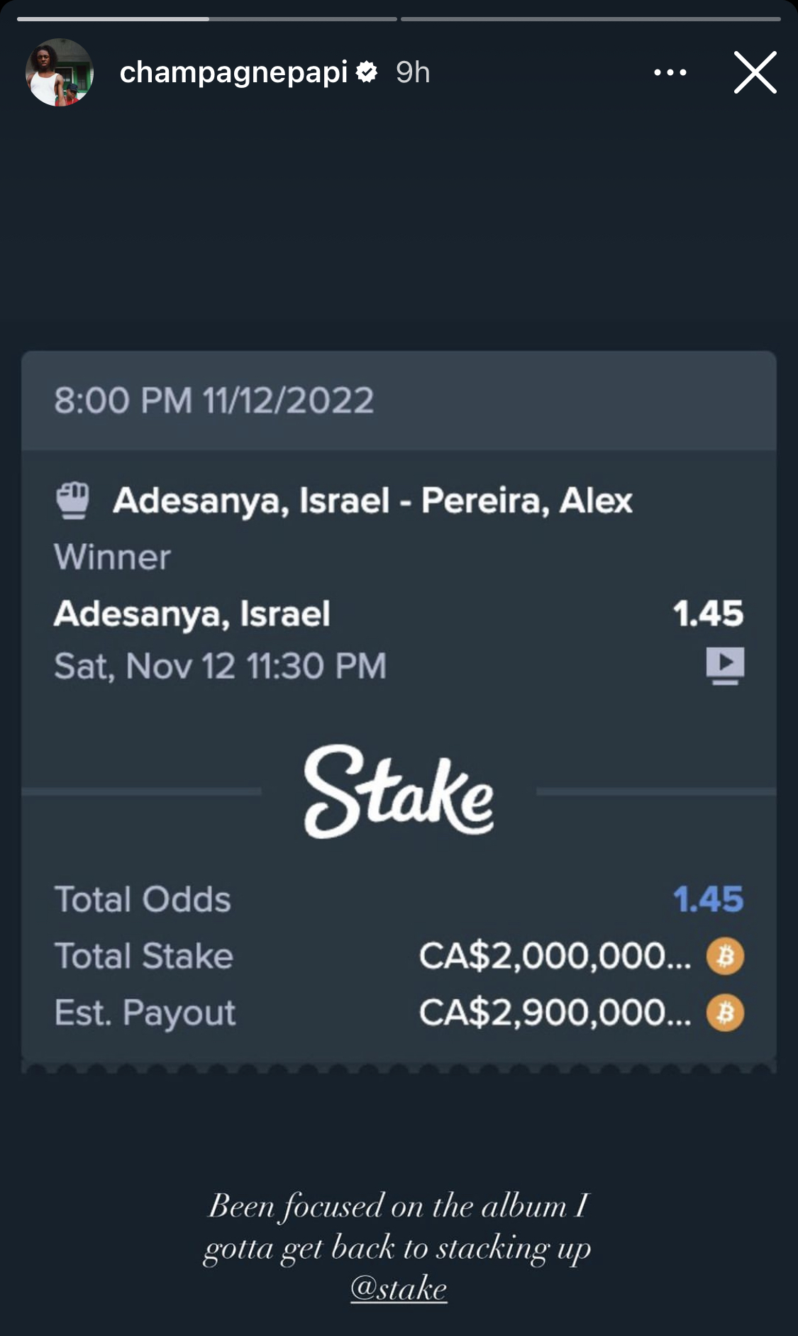 Rapper Drake Loses N665M after betting on Israel Adesanya to win match [photo]