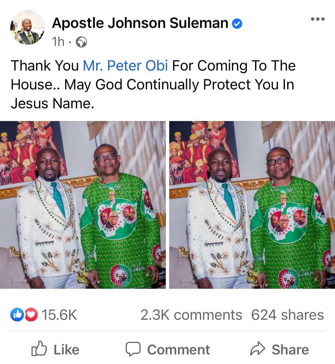 Peter Obi receives prayers as he pays visit to Apostle Suleman in Auchi Edo state <p data-wpview-marker=