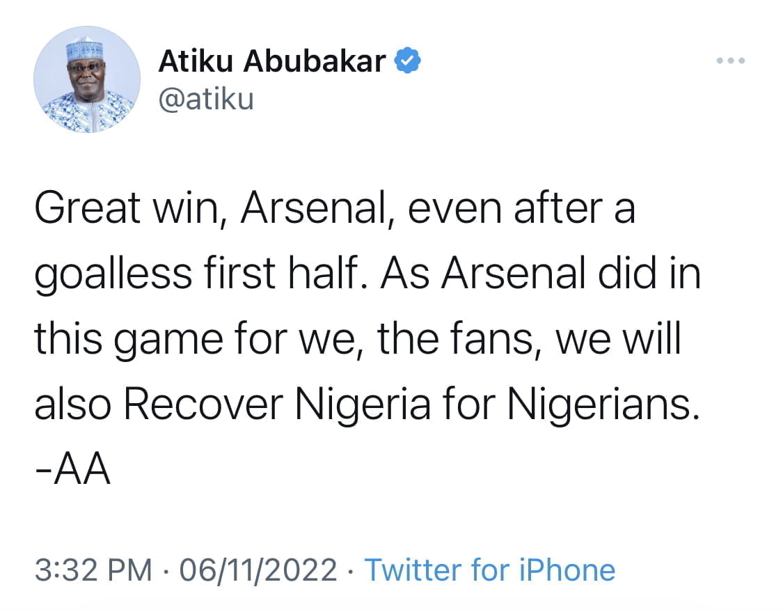 I will fix Nigeria’s problems the way Arsenal beat Chelsea - Atiku vows