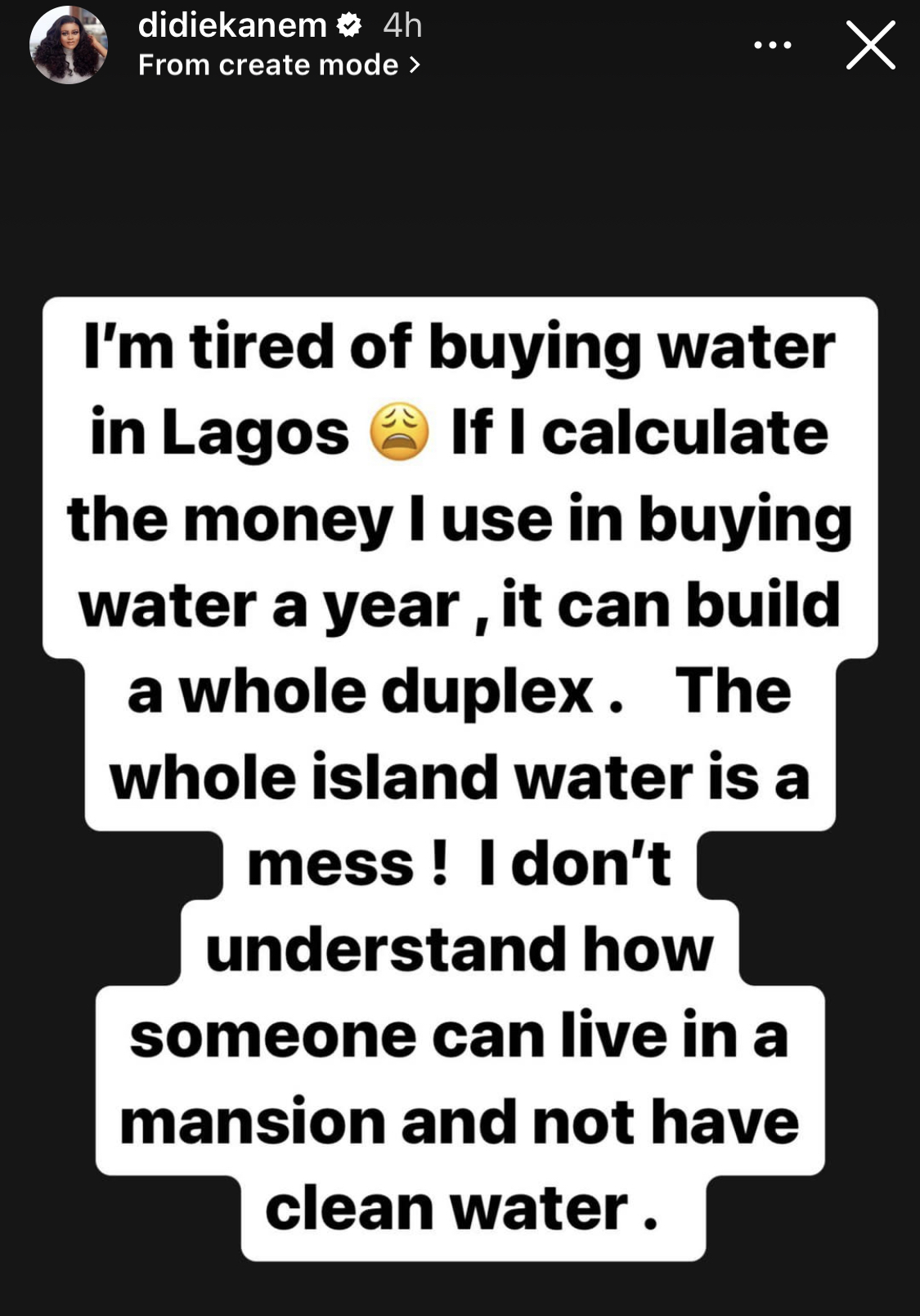 The money I use to buy water in a year can build a duplex - Actress Didi Ekanem cries out