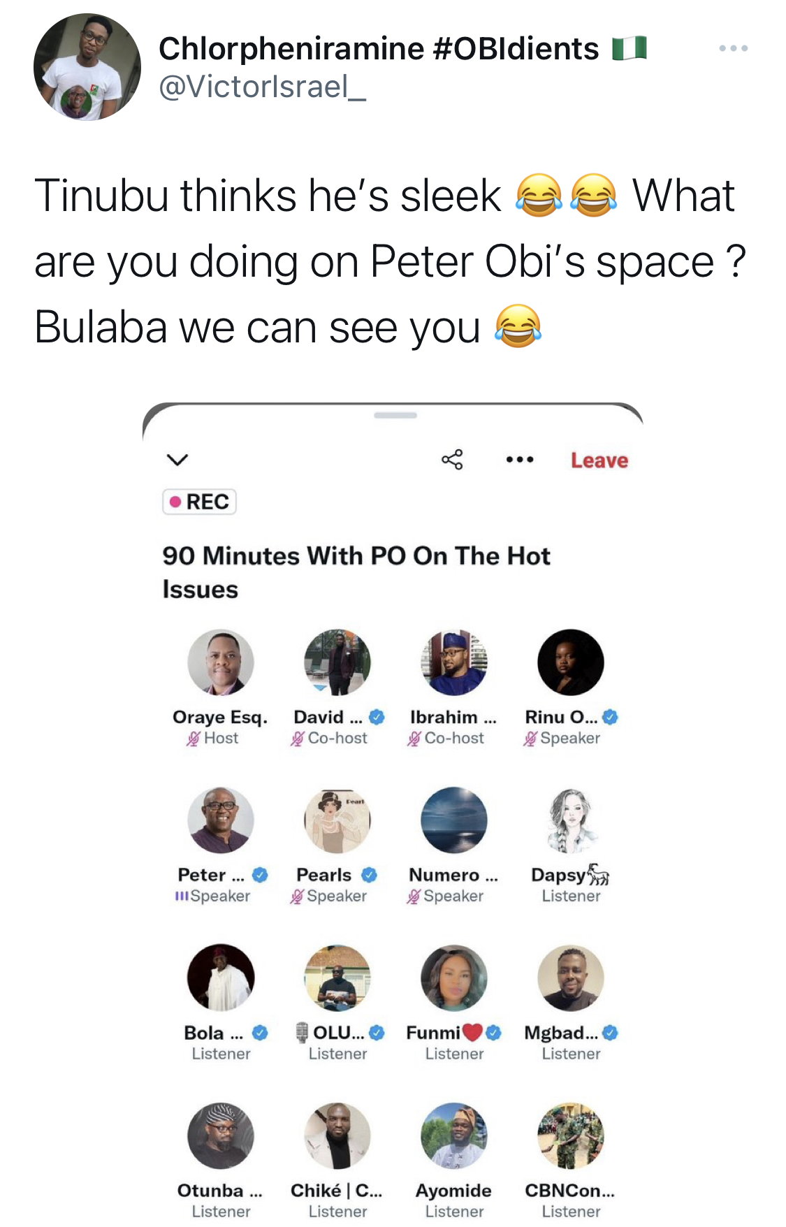 Moment Tinubu reportedly sneaked into Peter Obi’s Twitter interview [photo]