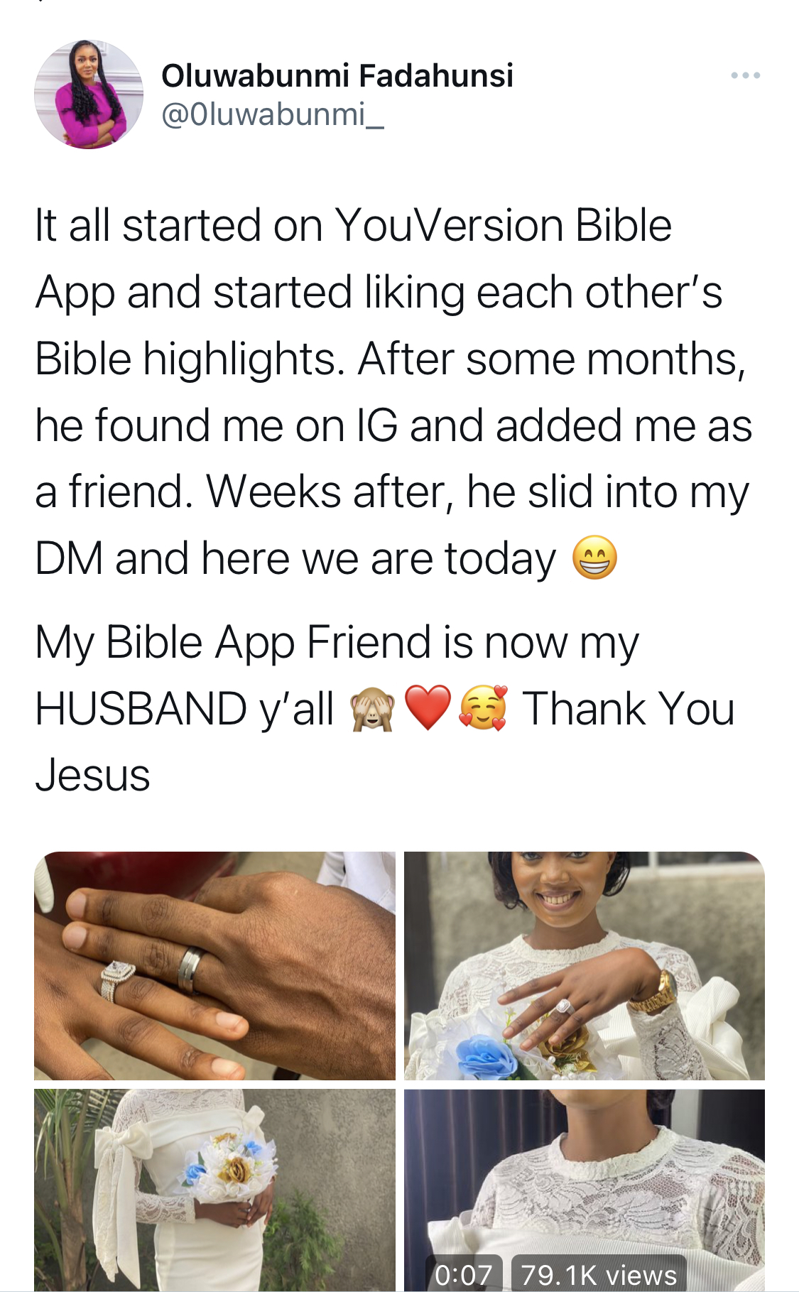 It all started when he liked my Verses highlights - Lady narrates how she found husband on Bible app [photos]