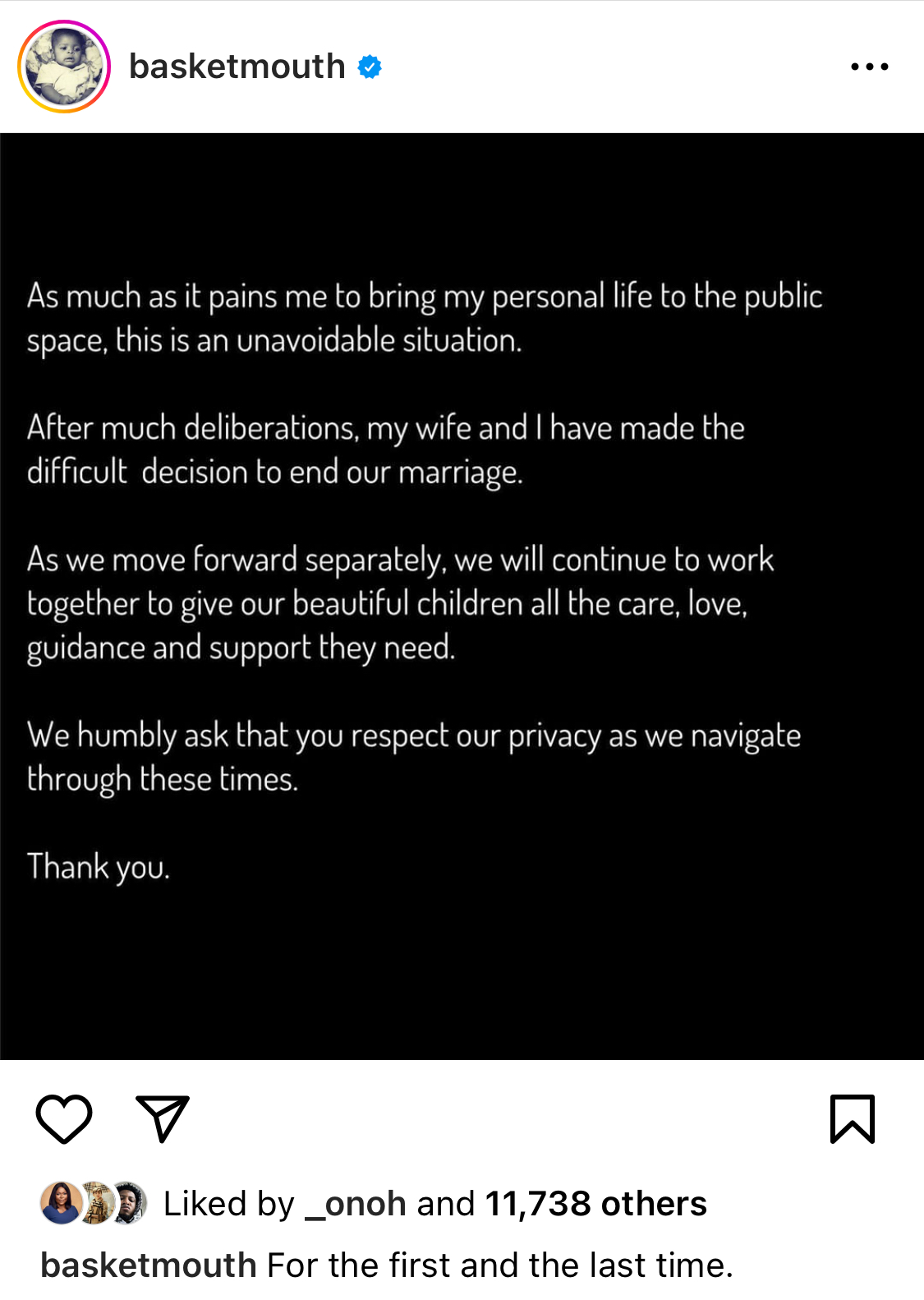 My wife and I have decided to end our marriage - Comedian Basketmouth reveals