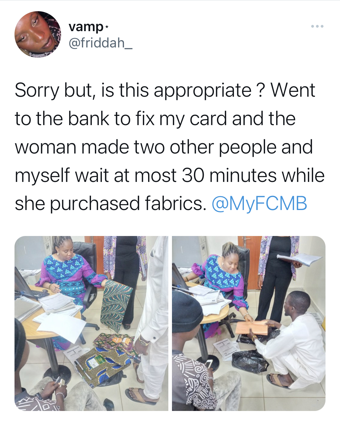 Lady calls out FCMB staff who kept customers waiting on queue to buy clothes [photos]