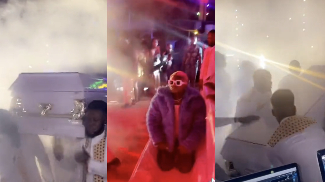 Shock as Singer Portable shows up at concert performance in coffin [video]
