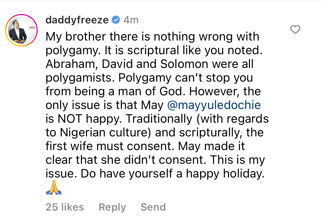 Polygamy is permitted in the scripture but - Daddy Freeze Defends Yul Edochie’s wife May