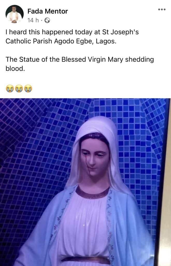 Statue of Virgin Mary cries blood in Lagos Catholic Priest Reveals [photos]