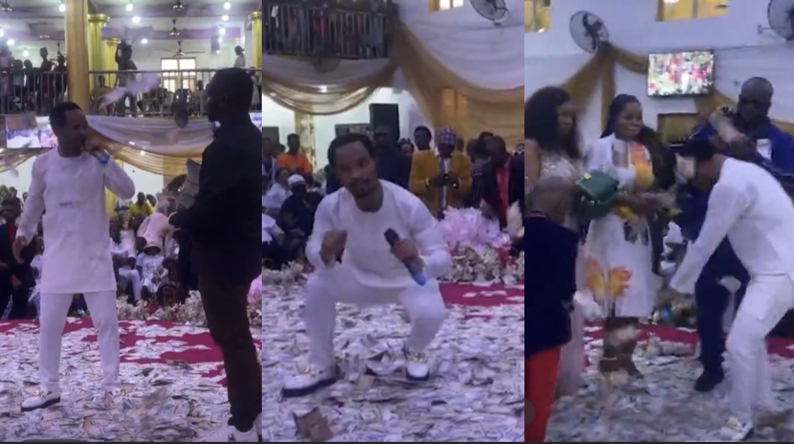 Members cover every inch of Prophet Odumeje’s church with naira notes as he celebrates birthday [video]