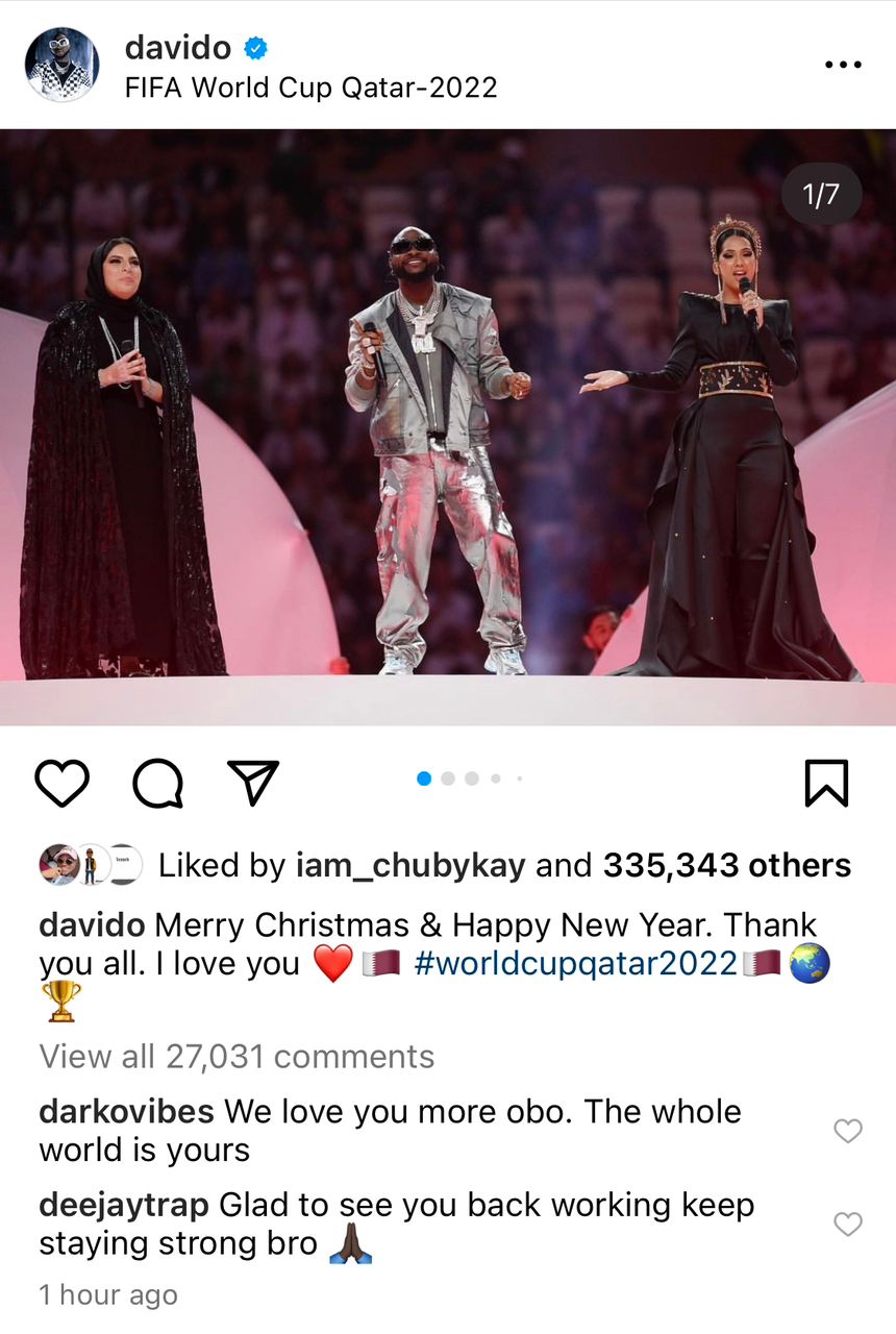 Davido-Chioma World Cup Pictures break record for most liked by Nigerian celebrity on Instagram