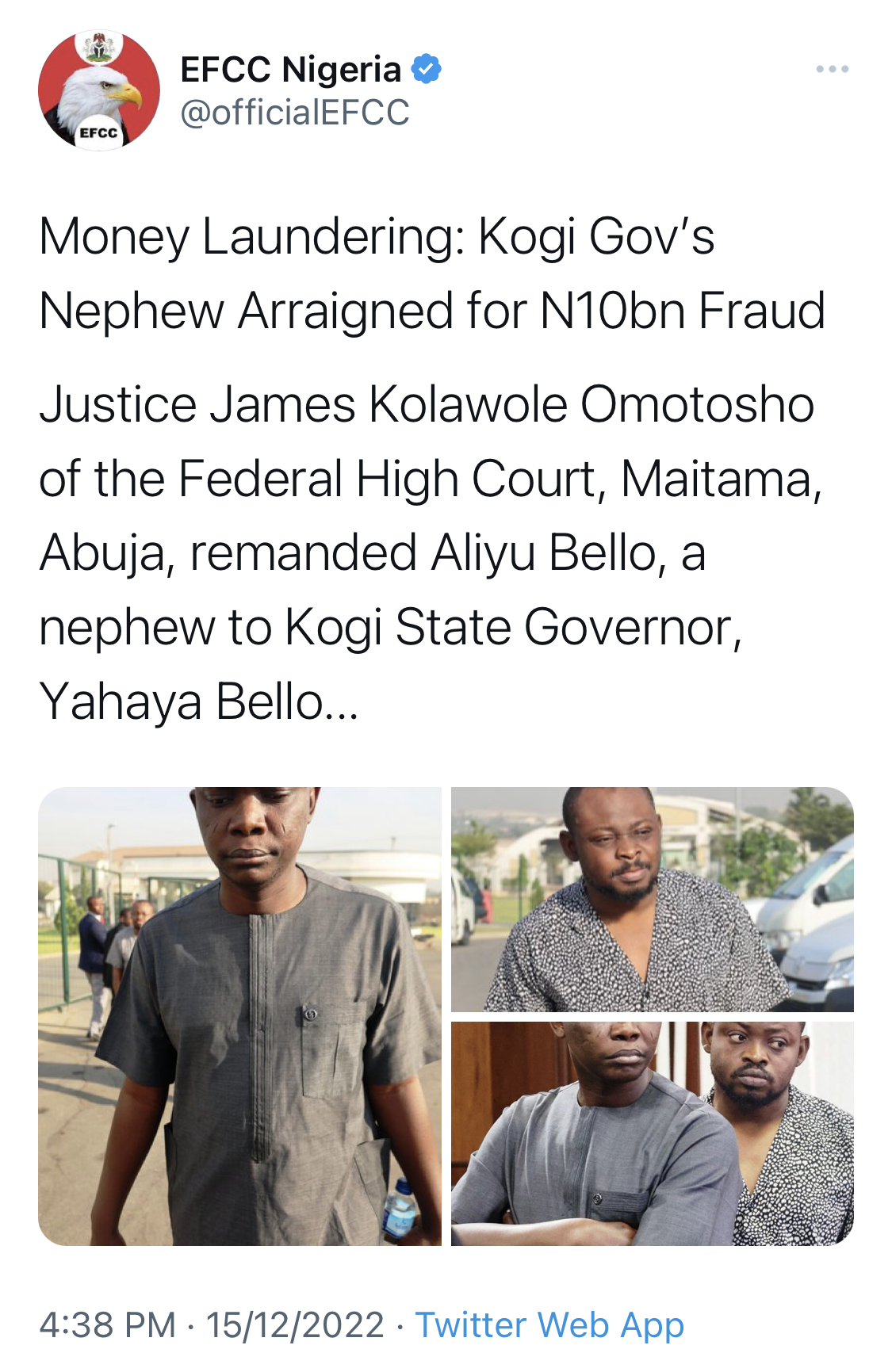 EFCC Arraigns Governor Yahaya Bello’s nephew for stealing N10B from Kogi state treasury [photos]