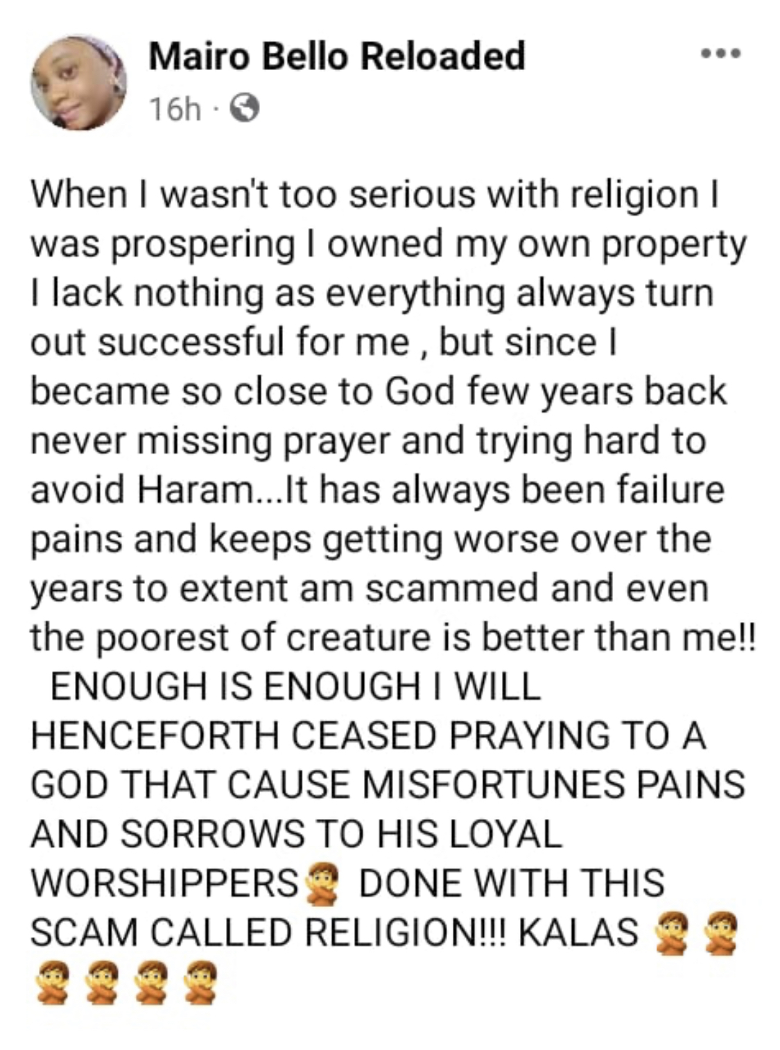 I was successful but since I became close to God I’ve been a failure - Nigerian lady laments