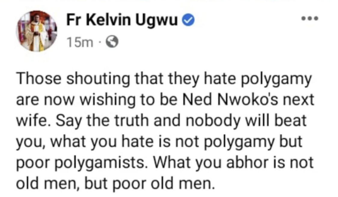 Women who condemn polygamy are wishing to be Ned Nwoko’s next wife - Rev. Father Kelvin Ugwu says