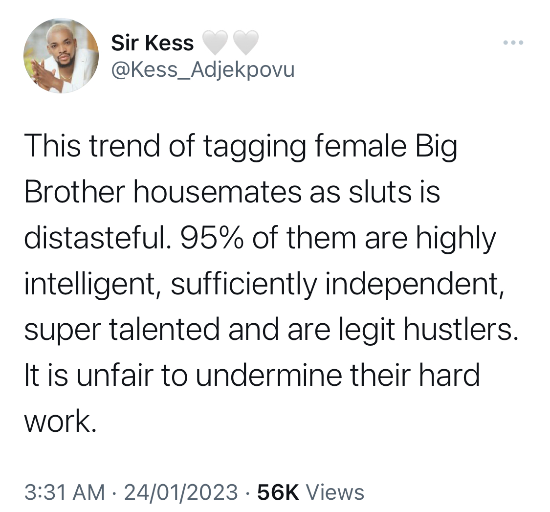 Calling BBNaija female housemates sluts is unfair - Kess blasts OAP Nedu