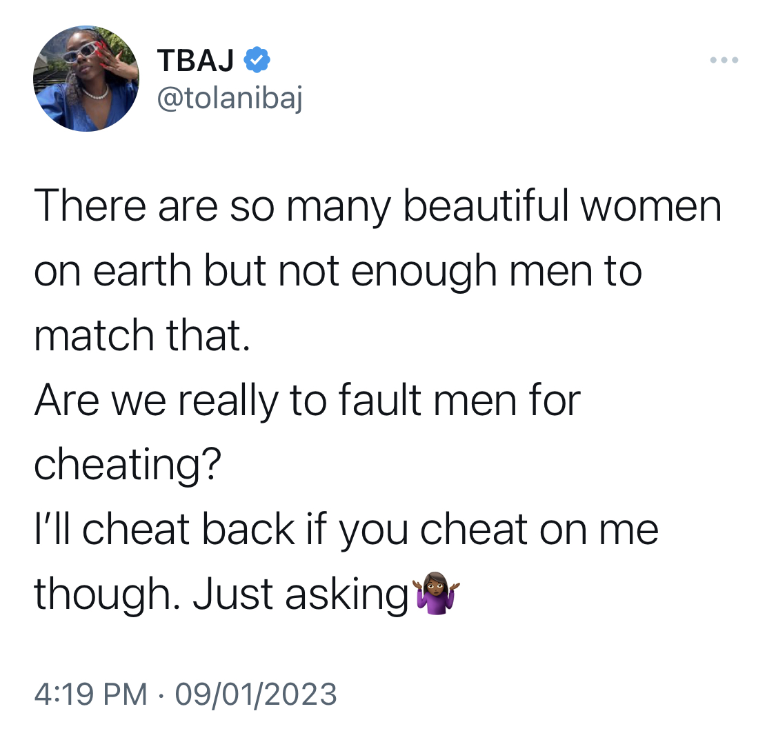 I don’t blame men for cheating but I’ll cheat back - BBNaija Tolanibaj warns