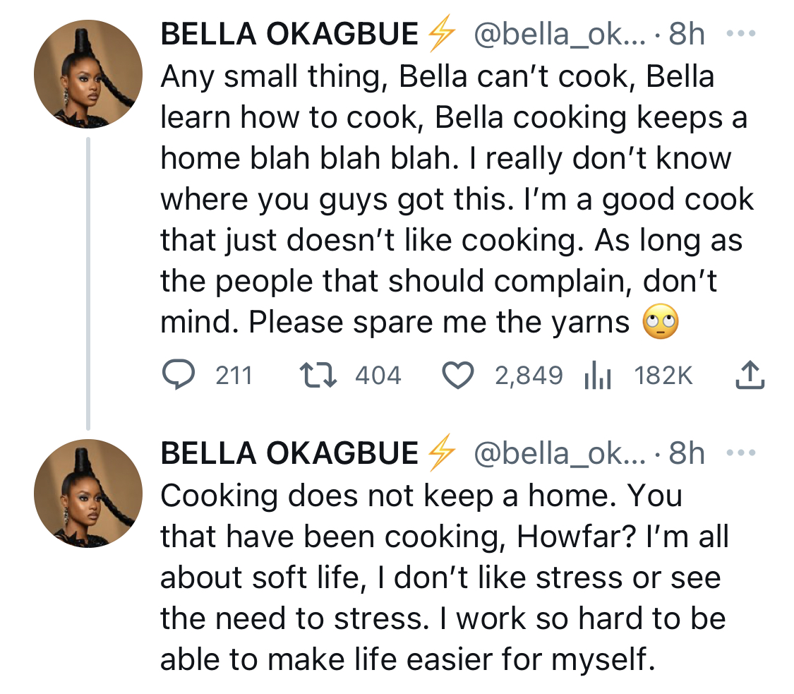 Who suffer help - BBNaija Bella lashes out after being dragged for not being able to cook