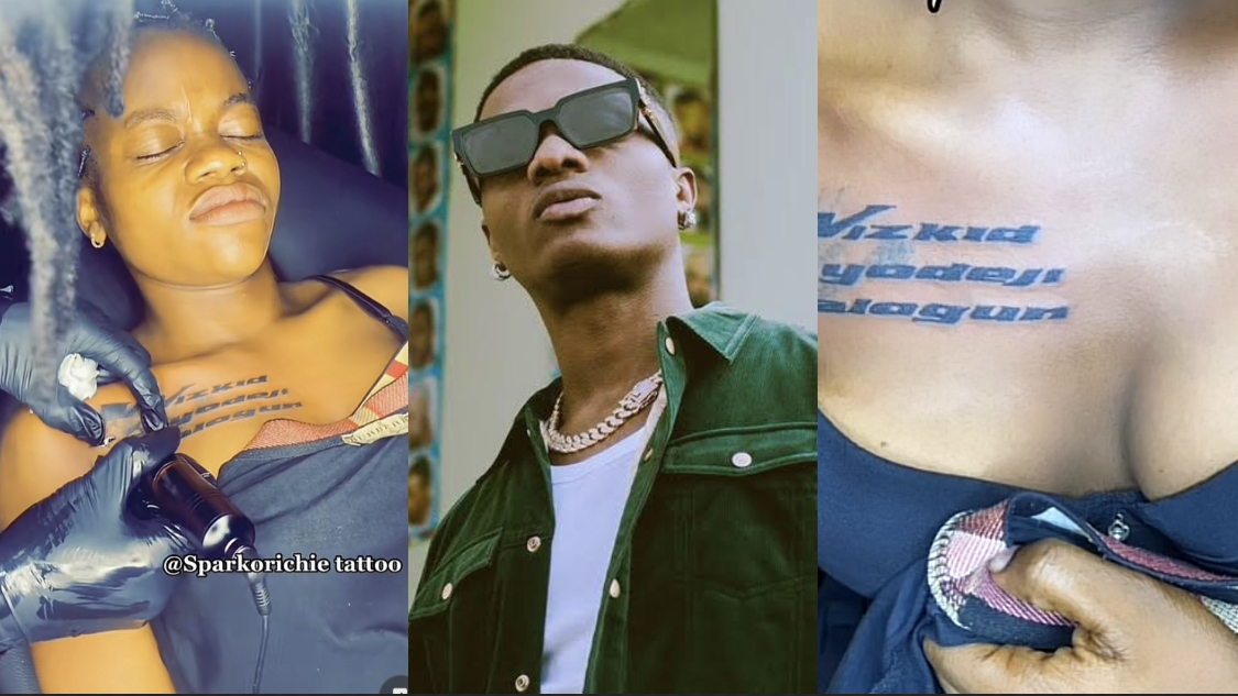 Shock as Female Wizkid fan tattoos his full name on her chest [videos]