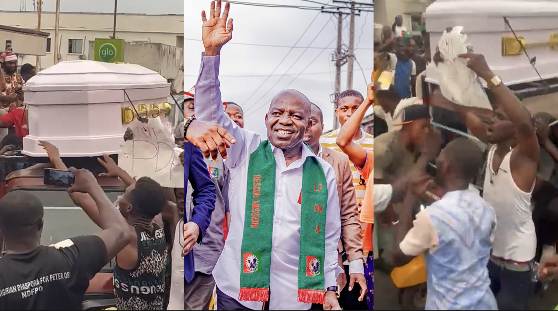 RIP PDP – Abia State Residents Parade Coffin to Celebrate LP Alex Otti’s Victory as Governor [video]