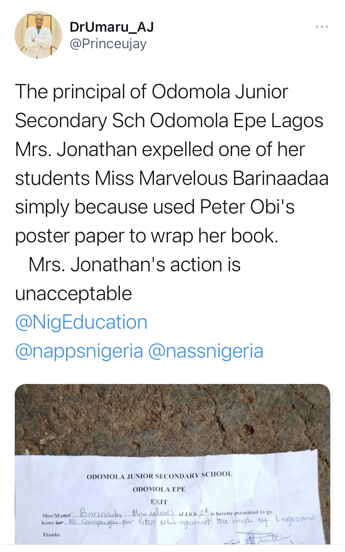 Shock as Student sent home for wrapping book with Peter Obi poster in Lagos [photo]