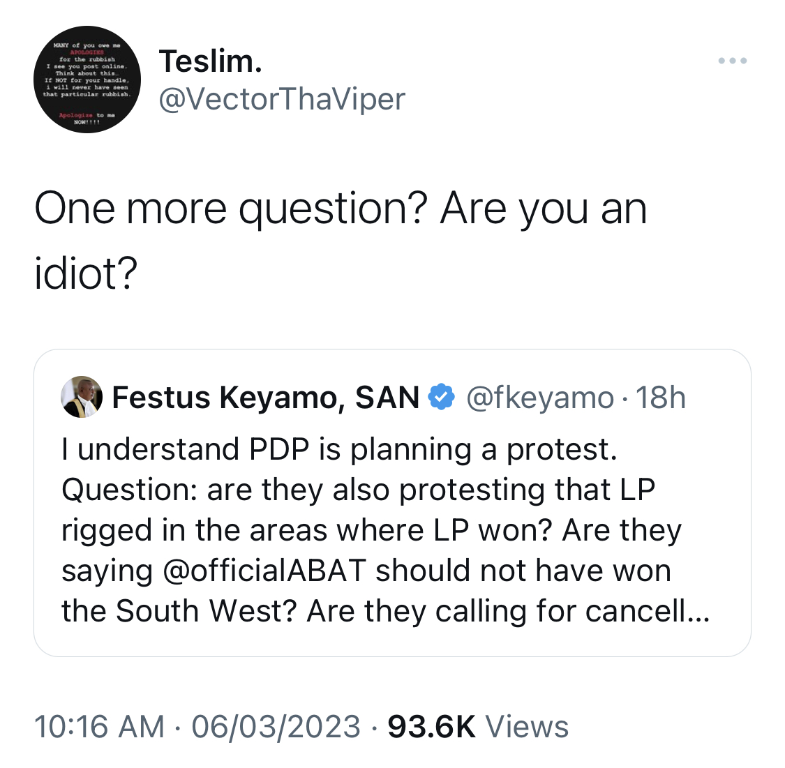 Are you an idiot - Rapper Vector Floors Festus Keyamo over allegations of LP Rigging
