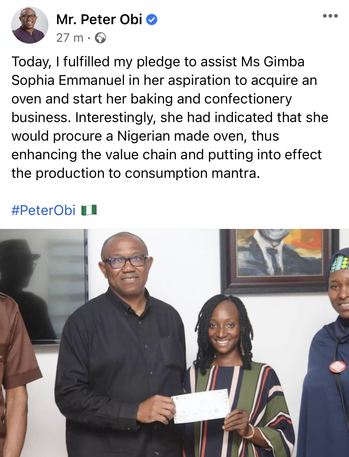 After shedding tears, Peter Obi gifts money to young woman who couldn’t afford oven to start business [photos]