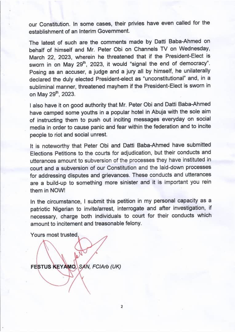 Arrest Peter Obi and Datti for incitement - Festus Keyamo petitions DSS